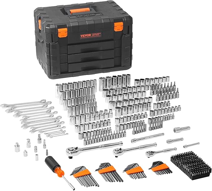VEVOR Mechanics Tool Set and Socket Set, 1/4" 3/8" 1/2" Drive Deep and Standard Sockets, 450 Pcs SAE and Metric Mechanic Tool Kit with Bits, Hex Wrenches, Combination Wrench, Accessories, Storage Case