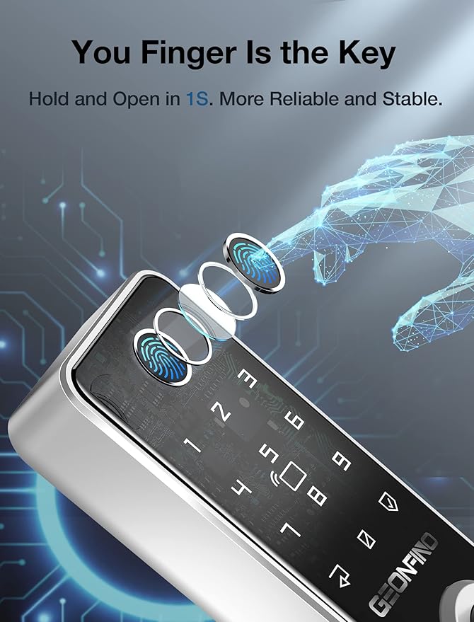 GEONFINO Smart Door Lock, Sliver Keyless Entry Lock with Handle, Front Door Lock with Keypad, Fingerprint Safe Lock with Bluetooth, App Electronic Door Locks for Front Door, Home