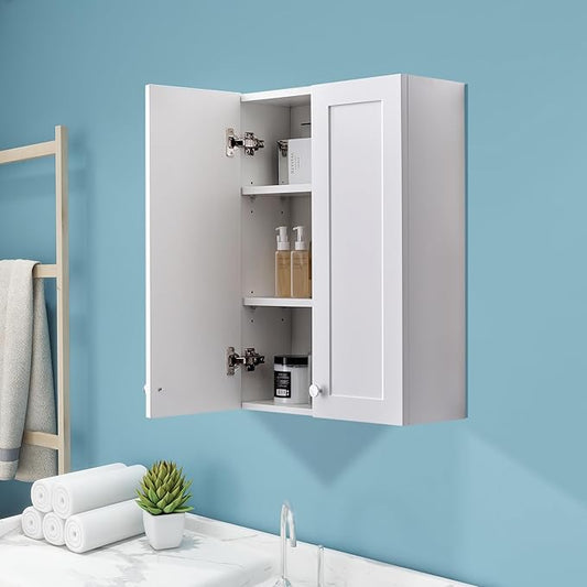 White Wall Mount Cabinet, MDF Over The Toilet Storage Cabinet with Adjustable Shelves, Space Saver 2 Door Medicine Cabinet for Bathroom Laundry Kitchen, 19x 27in, No Paint Odor