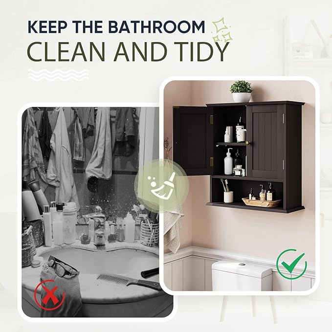 Smuxee Brown Bathroom Cabinet Wall Mounted, Small Medicine Cabinet with 2 Door Adjustable Shelves, Wall Cabinet Over Toilet for Laundry Room Kitchen
