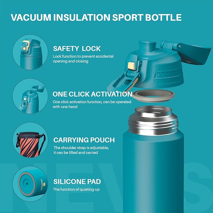 Insulated Sports Water Bottle, Stainless Steel Water Bottles with Locking Flip Top Lid, Insulated Bottle with Double-Wall Vacuum Insulation for Fitness and Outdoor Enthusiasts