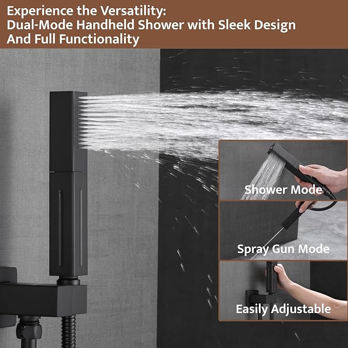 Thermostatic Shower System Matte Black, Push Button Diverter Shower Faucet with 2 in 1 Handheld, Ceiling Mount 12 Inch Shower Head with 6 Inch Wall Mount Shower Head