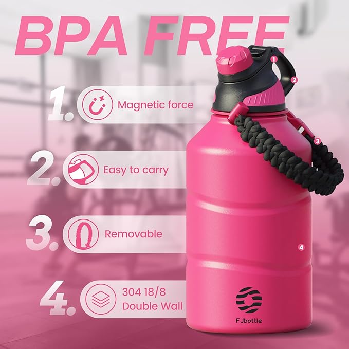 Insulated Half Gallon Water Bottle 64oz with Magnetic Lid,Stainless Steel Double-Wall Vacuum Leak Proof Sports Insulated Jug with Paracord Handle, Keep Water Hot & Cold for Outdoor,Gym