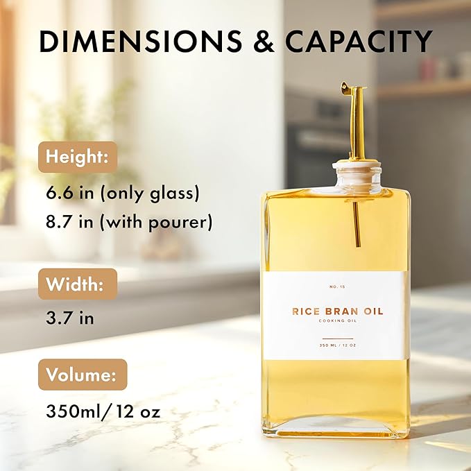 Glass Olive Oil Dispenser Bottle Set [4x12oz]: 36 Premium Gold Labels, Oil Dispenser for kitchen, Vinegar Bottle Set, Glass Dispensers for Soy Sauce, Syrup Bottles | Set of 4