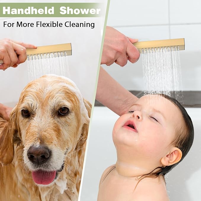 Brushed Gold Shower System, STARBATH 12 inch Rainfall Shower Head with Handheld Combo Set, Push Button Diverter 2 Functions Simultaneous Use, Bathroom Shower Faucet Set Rough in Valve Body and Trim