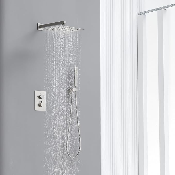 Iriber Thermostatic Shower System Wall Mount with 12 Inch Rainfall Shower Head and Handheld Bathroom Shower Set Contain Shower Faucet Mixer Valve Trim Kit (Valve Included),Brushed Nickel