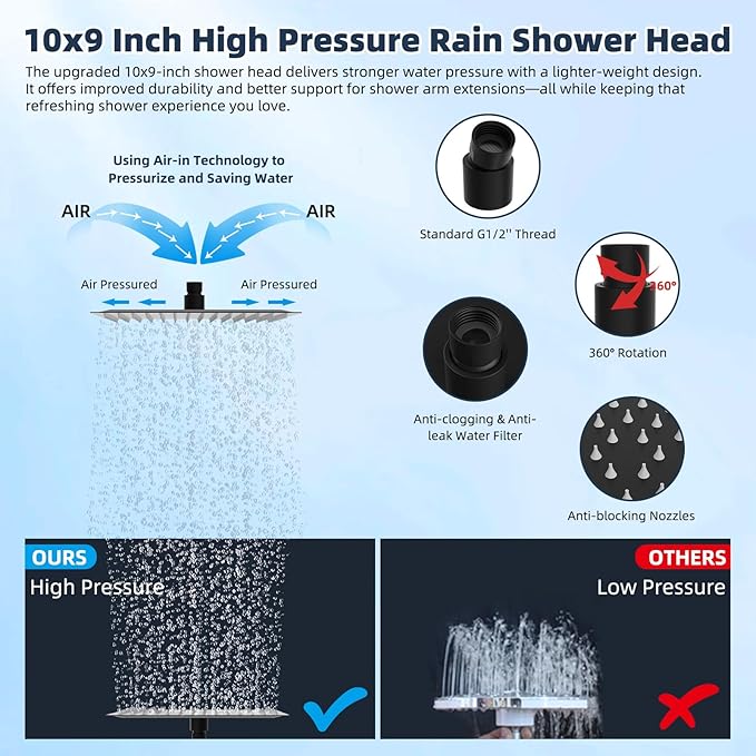 Hibbent All Metal 10'' Filtered Rainfall Shower Head Combo, High Pressure Handheld Shower Wand, 12'' Adjustable Extension Arm, 20 Stage Shower Filter, 71'' Hose, Shower Head Holders, Matte Black