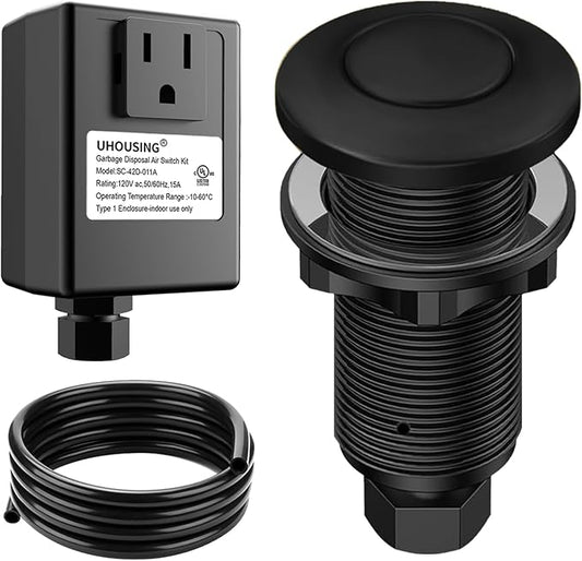 Garbage Disposal Air Switch Kit - UL Certified Sink Top Switch with Long 3.5" Brass Button by UHOUSING, Complete All-in-One Kit for All Disposals (Matte Black)