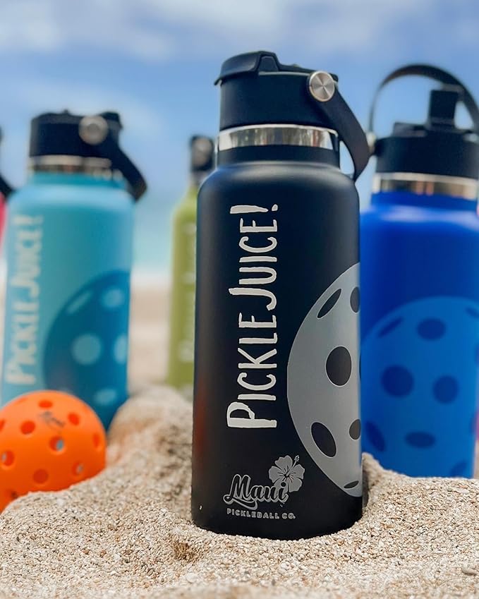 Maui Pickleball Co.™ Pickleball Water Bottle 32oz Pickleball Gifts Insulated Stainless Steel Water Bottle Funny Water Bottle PickleBall Accessories Sip/Straw Lid Pickleball Bottle (Black Lava)