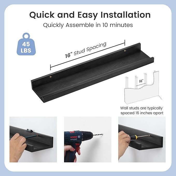 Picture Ledge Shelf for Wall, 24 inch Solid Pine Wood Nursery Book Shelves 2 Packs, Floating Ledge Shelves for Kids' Room Bedroom Bathroom Living Room Photo Frames Office Nursey Wall Decor, Black