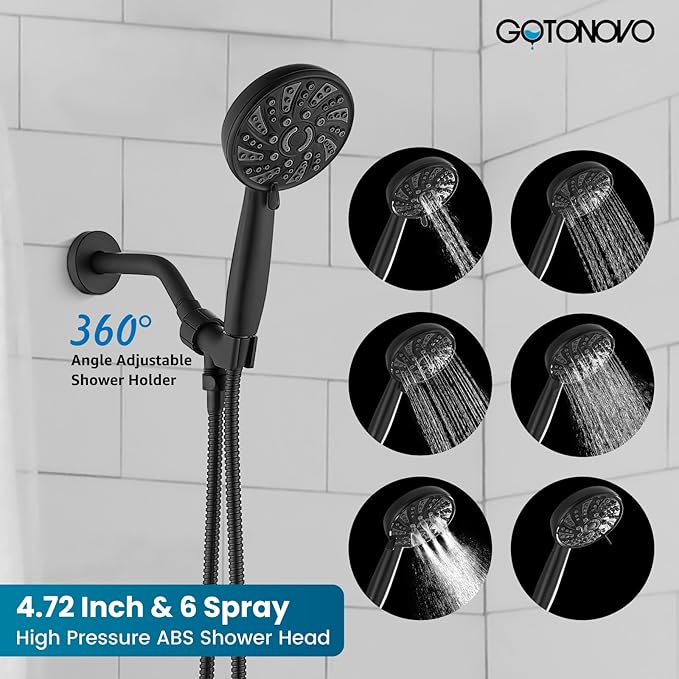 gotonovo Single-Handle Shower Faucet Set Shower Kit with Valve Shower Head and Handle Set Shower Trim Kit with 6 Modes ABS Handheld Shower Fixtures Shower Valve and Trim Kit Matte Black