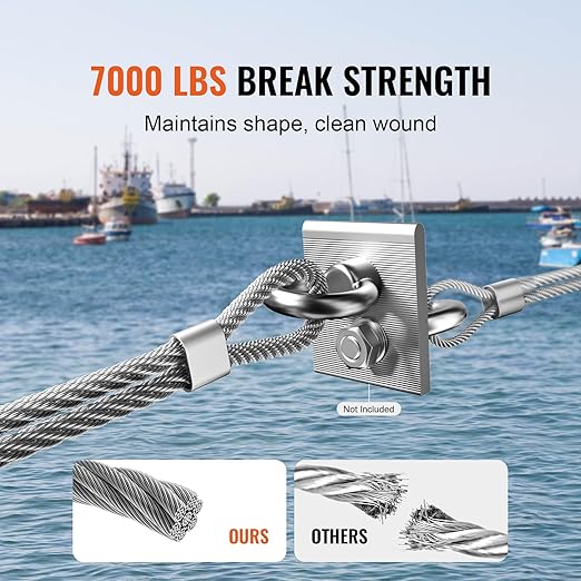 VEVOR Wire Rope, 1/4" 250 ft Zinc Galvanized Carbon Steel Cable with Gloves, 7000 lbs Breaking Strength, 7 x 19 Strands Construction Marine Aircraft Grade for Handrail Stair Decking Fence Outdoors