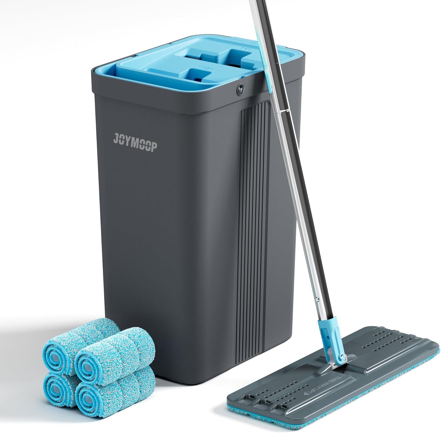 JOYMOOP Mop and Bucket Set with Wringer, Mops for Floor Cleaning, Wall Mop Cleaner with Long Handle, with 4 Reusable Microfiber Mop Pads - Grey+Cyan Blue