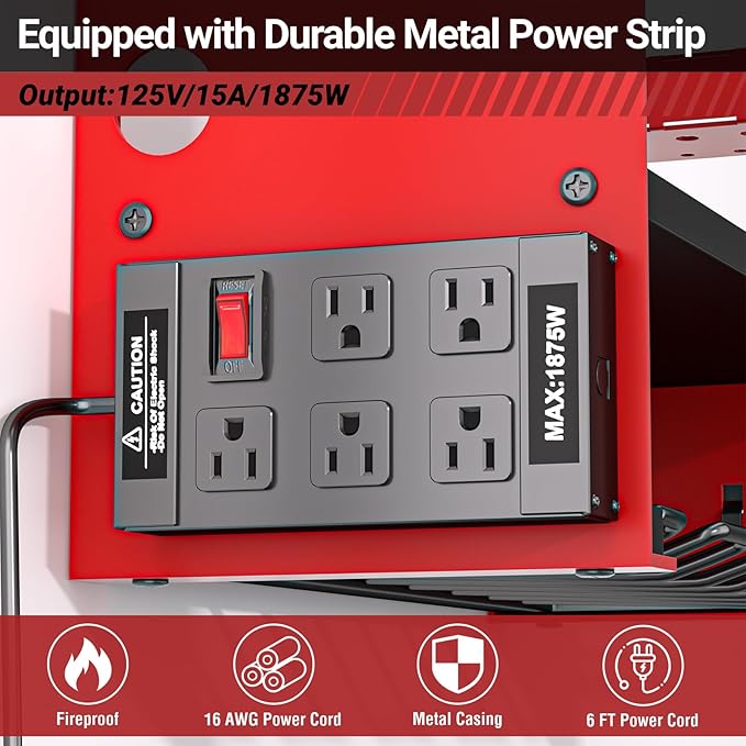 YYR Power Tool Organizer Wall Mount with Charging Station, Cordless Tools Hanger and Battery Storage Rack for Garage Organization, Heavy Duty Drill Holder Shelf Build in Metal Power Strip - Red