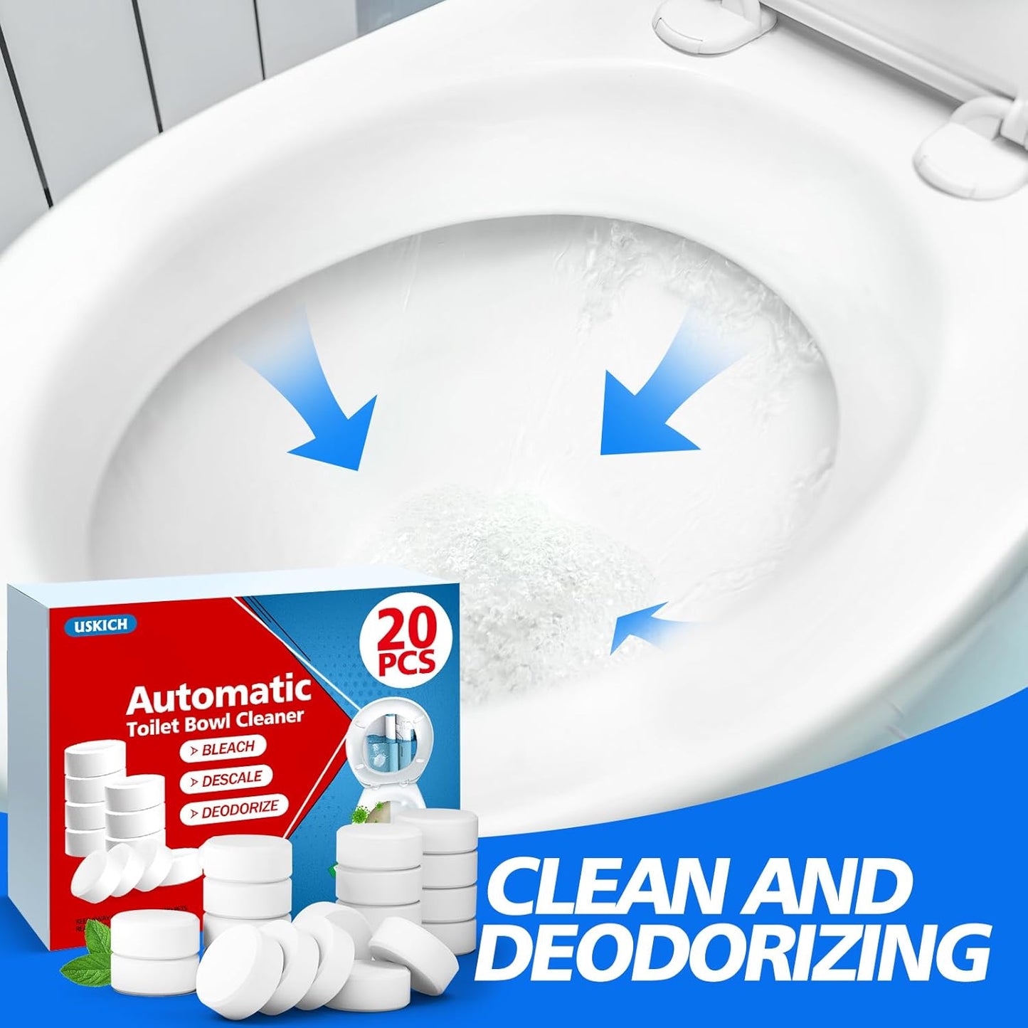 USKICH Toilet Bowl Cleaner Tablets 20 PACK, Bathroom Automatic Toilet Tank Cleaners with Bleach, Slow-Releasing Household Toilet Cleaners for Deodorizing, Descaling, against Tough Stains