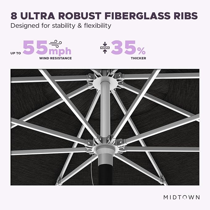 Midtown Umbrellas Push Pop Sunbrella Umbrella 10 Feet Large Outdoor Umbrella With Spectrum Carbon Acrylic Fabric - Deck Patio Umbrella, Backyard Umbrella, Garden Umbrella & Pool Umbrella - Black Pole