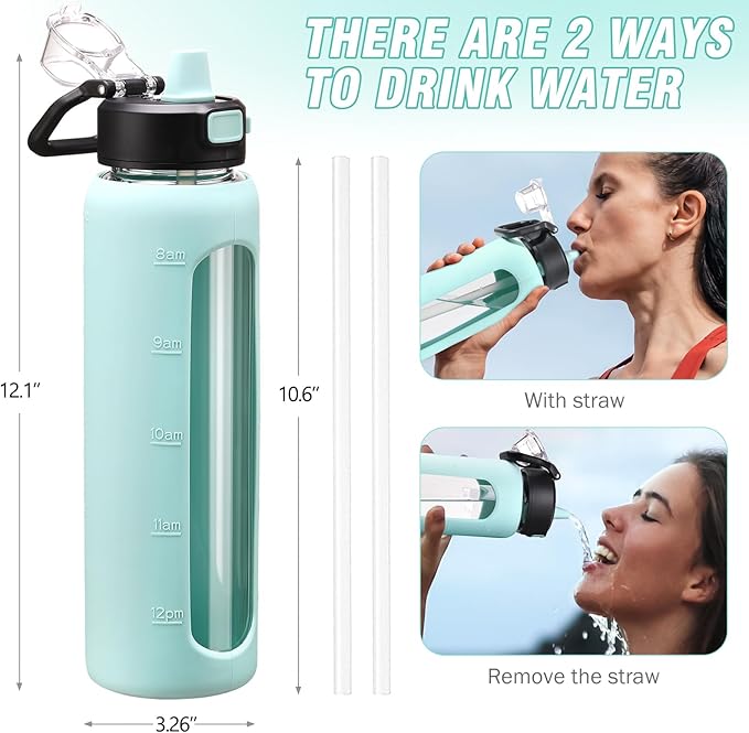 Kodrine Water Bottle with Soft Straw and Carry Loop, 32 oz Glass Water Bottle with Locking Lid, Clear Water Bottles Sports, Drinking Bottle for Travel Home Gym, Leakproof(Light Blue)