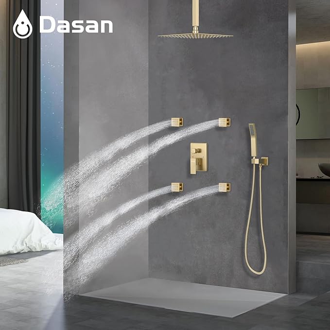 Brushed Gold Shower System with 4 PCS Shower Body Spray Jets & 12’’ Ceiling Shower Head & Handheld Spray, DASAN Full Body Shower Faucet System with Jets Rainfall Shower Combo Set, SA-SS03BBG-S12C