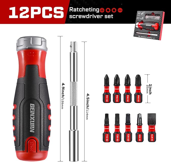 12Pieces Ratcheting Screwdriver Set, 12-in-1 Multi-bit Magnetic Screwdriver Quick-Load Mechanism, S2 Steel Phillips, Slotted, Torx, Square Bits, Impact Bit Holder with Eva Foam Storage Tray