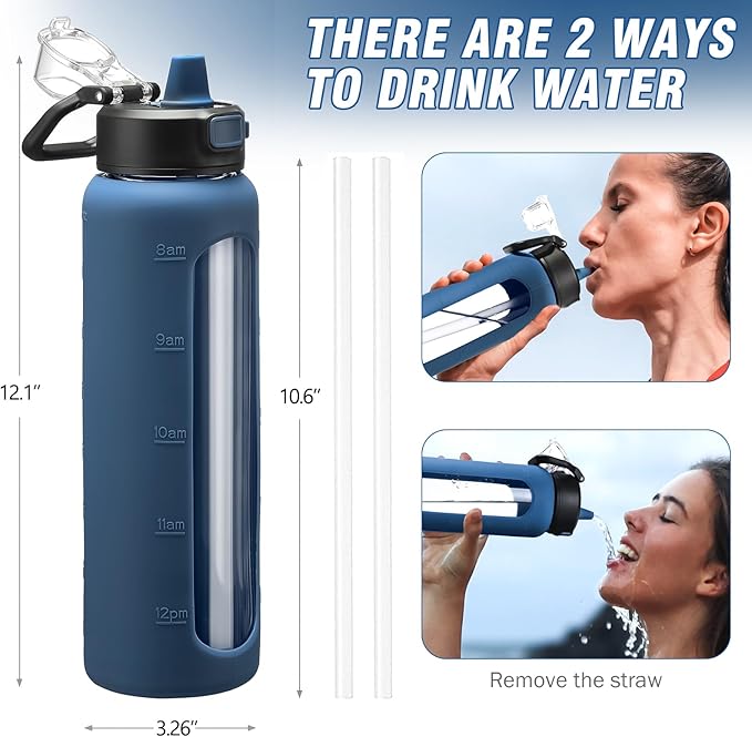 Kodrine 32 oz Glass Water Bottle with Soft Silicone Spout, Locking Lid, and Carry Loop, Navy Blue