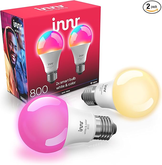 innr Zigbee A19 Smart Bulb, Works with Hue*, Alexa, SmartThings (Hub Required), White & Color, E26 LED Bulb, Color Changing Light Bulb, up to 16 Million Colors, Dimmable, 840 Lumen, 2-Pack