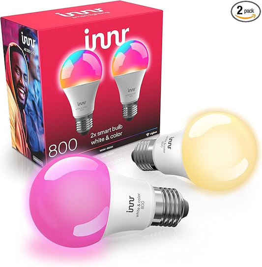 innr Zigbee A19 Smart Bulb, Works with Hue*, Alexa, SmartThings (Hub Required), White & Color, E26 LED Bulb, Color Changing Light Bulb, up to 16 Million Colors, Dimmable, 840 Lumen, 2-Pack