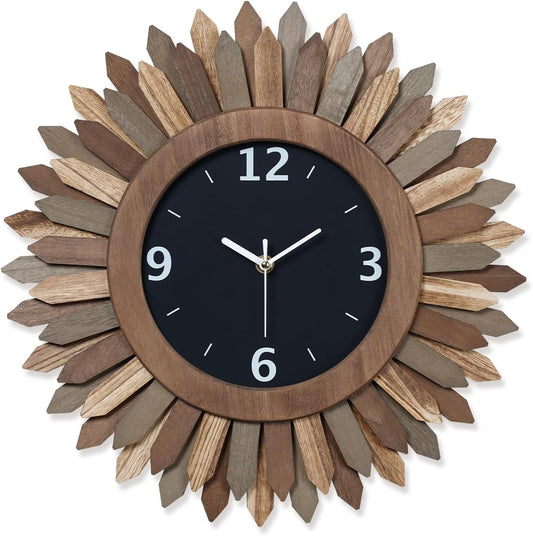 Honiway 16 Inch Wall Clocks, Rustic Wood Boho Sunburst Decorative Wall Clock Battery Operated Silent Non Ticking Farmhouse Large Wall Clocks for Living Room Kitchen Bedroom Home Decor (Tricolor)