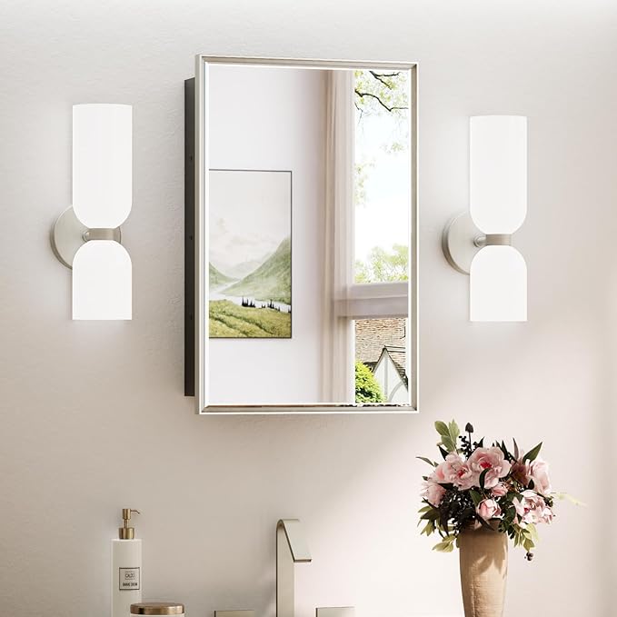 TokeShimi 17x25 Beveled Mirrored Medicine Cabinet Wall Mounted or Recessed Medicine Cabinet with Mirror for Bathroom Brushed Nickel, Aluminum Framed Metal Mirror with Storage Adjustable