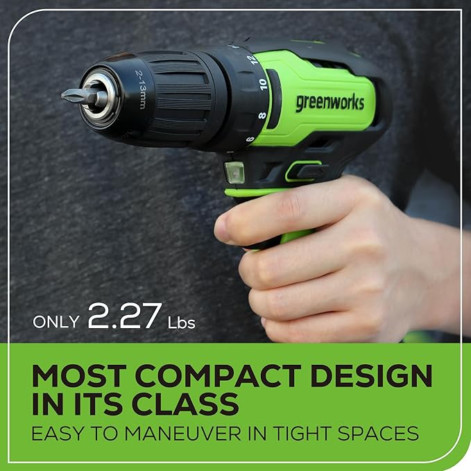 Greenworks 24V Brushless Cordless Drill Kit, 310 in./lbs, 18+1 Position Clutch, 1/2 '' Keyless Chuck, Variable Speed, Battery With 2A Charger, LED Light