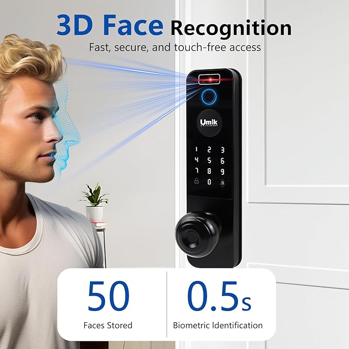 3D Face Recognition Smart Door Lock, Video Smart Lock with Camera&Doorbell, 6-in-1 Keyless Entry Door Lock for Front Door, APP Remote Control (Black)