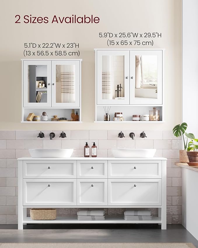 VASAGLE Bathroom Cabinet with Mirror, Wall Cabinet with 2 Mirrored Doors, Adjustable Shelf, Open Compartment, Wall-Mounted, 5.9 x 25.6 x 29.5 Inches, White ULHC012W01