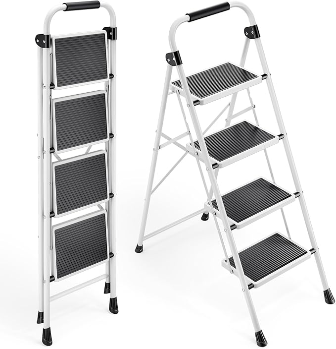 KINGRACK 4 Step Ladder, Folding Step Stool with Anti-Slip and Wide Pedal, Lightweight Stepladder with Handrails, Portable for Kitchen, Household, White
