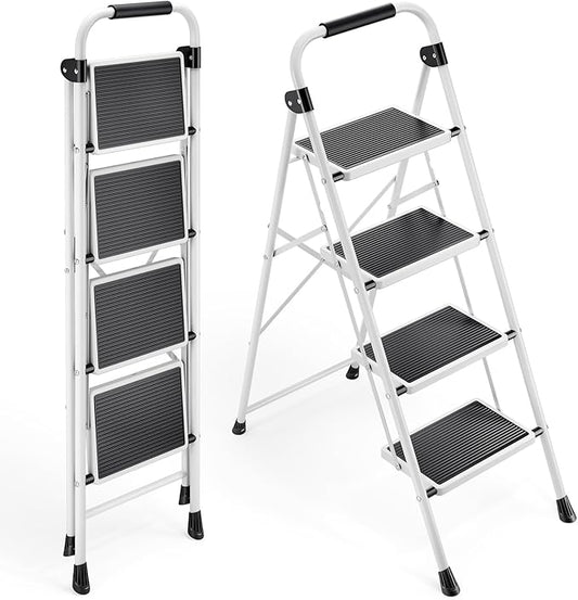 KINGRACK 4 Step Ladder, Folding Step Stool with Anti-Slip and Wide Pedal, Lightweight Stepladder with Handrails, Portable for Kitchen, Household, White