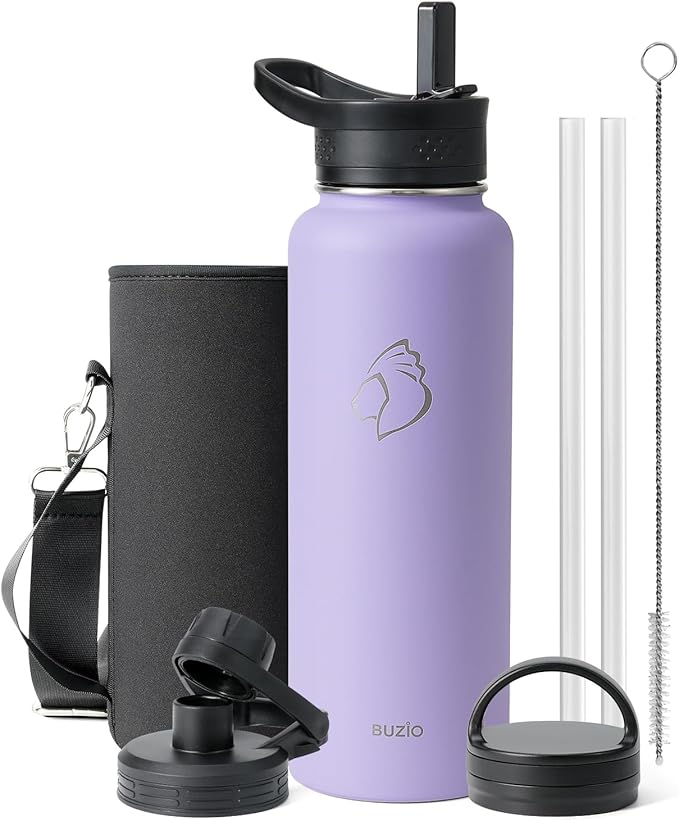 BUZIO Water Bottle with Straw lid, Spout Lid, Hand Lid and Carrying Pouch, 32oz 40oz 64oz Stainless Steel Water Flask Jug, Cold for 48 Hrs Hot for 24 Hrs Double Vacuum Thermo Canteen Mug, BPA-Free