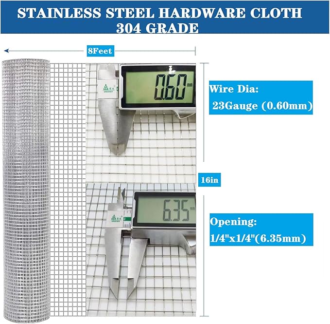 Stainless Steel Hardware Cloth Size:23Gauge 1/4inch 16inchx8Feet 304 Stainless Steel Welded Wire Mesh Supports Poultry Netting Cage Fence,Keep The Animals Out, Protecting New Plants
