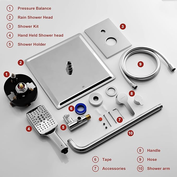 Shower Faucet Set - 12 inches Rain Shower System with 6 Function Handheld Shower Head Rough in Pressure Balance Valve Kit - Stainless Steel Bathroom Shower Kit Complete （Polished Chrome）