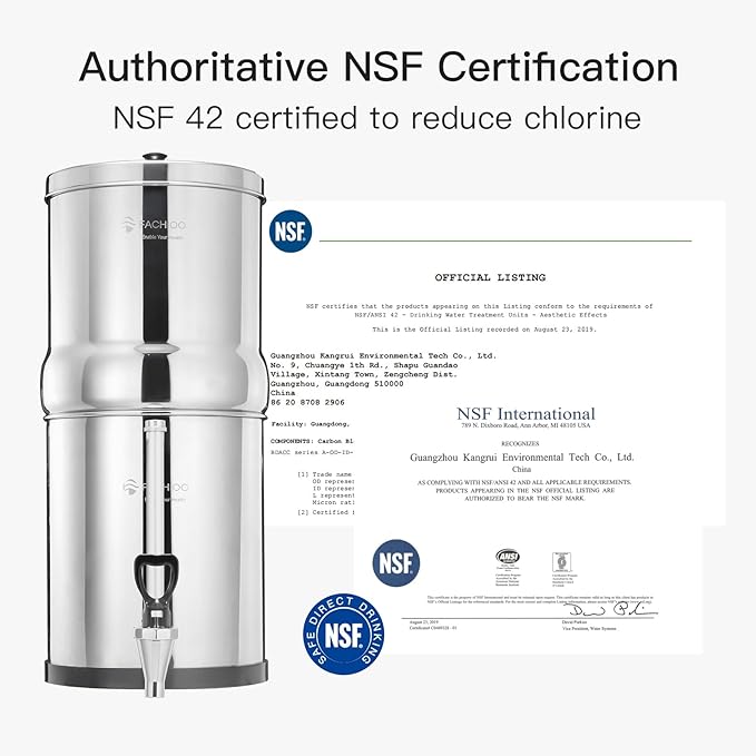 Gravity-Fed Water Filter System, 2.25G Stainless-Steel Countertop System with 2 Black NSF/ANSI 42 Certification Elements, 2 Fluoride, Metal Water Level Spigot, Reduces Fluoride and Chlorine