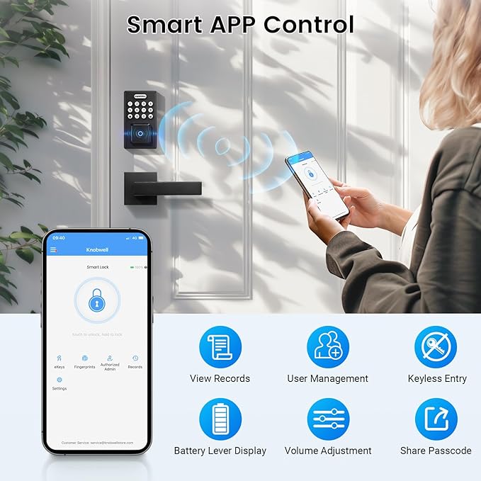 KNOBWELL Smart Fingerprint Door Lock with Lever Handle, Keyless Entry, Biometric Keypad, Electronic Deadbolt Lock，Matte Black