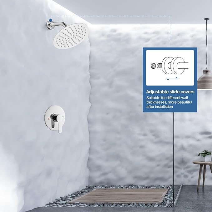 Airuida Shower Faucet Set,8 Inch Round Rainfall Shower Head,SUS304 Stainless Steel Single Handle Shower Trim Kit,Wall Mount Bathroom System with Male Threads Valve Chrome Polish