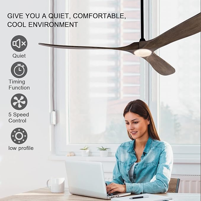 BOJUE Ceiling Fans with Lights 72 Inch Indoor Outdoor Ceiling Fan,Wood Ceiling Fan with Remote Control & 3 Wood Blades for Patio Living Room Bedroom (Aged Pewter-light Grey Weathered Oak Blades)