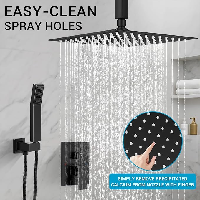 Ceiling Mount Shower Faucet Set Square Showerhead Bathroom Rainfall Shower System Stainless Steel Shower Trim Kit 10 Inches (Matte Black)