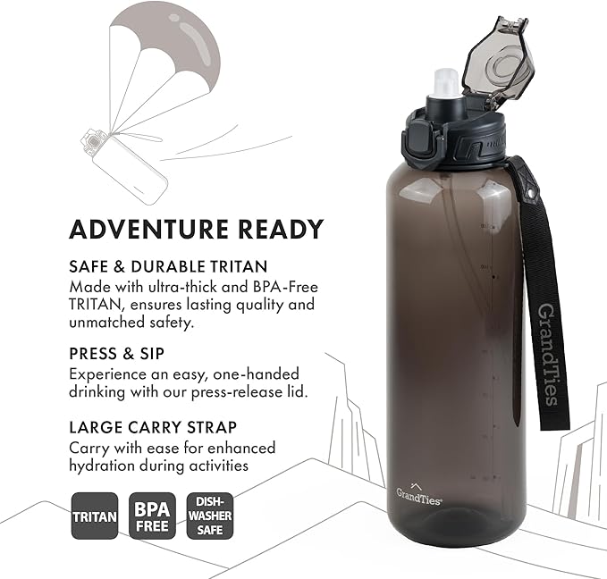 GRANDTIES Sports Tritan Plastic Water Bottle with Straw, Removable – Leakproof BPA Free Dishwasher Safe Travel Water Bottle with Strap for Gym, Outdoor, Fitness (Midnight Black, 52oz (1.5L))