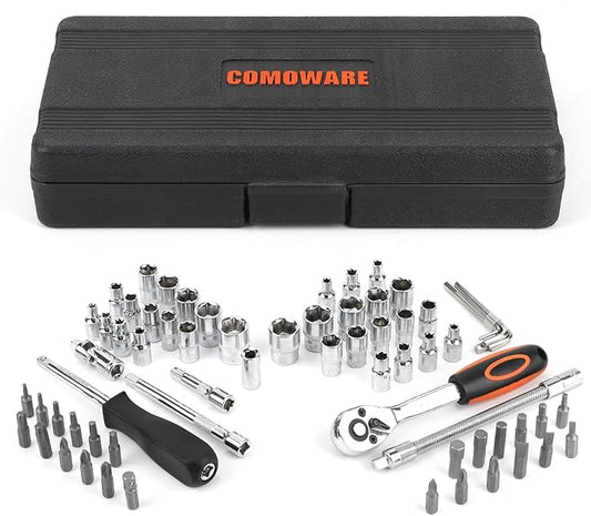 COMOWARE 69pcs Socket Set (1/4'' & 3/8''), Metric & Standard Mechanic Tool Set, Socket Wrench Sets with Extension Bar, 72T Ratchet Wrench, Ratchet Sets for Auto Repairing & Home Use