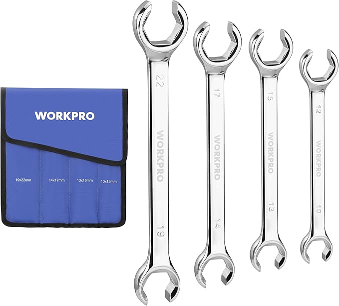 WORKPRO 4-Piece Flare Nut Wrench Set, Metric Brake Line Wrenches 10, 12, 13, 14, 15, 17, 19, 22mm, Cr-V Steel, 15° Offset Head Tubing Wrench, Organizer Pouch Included