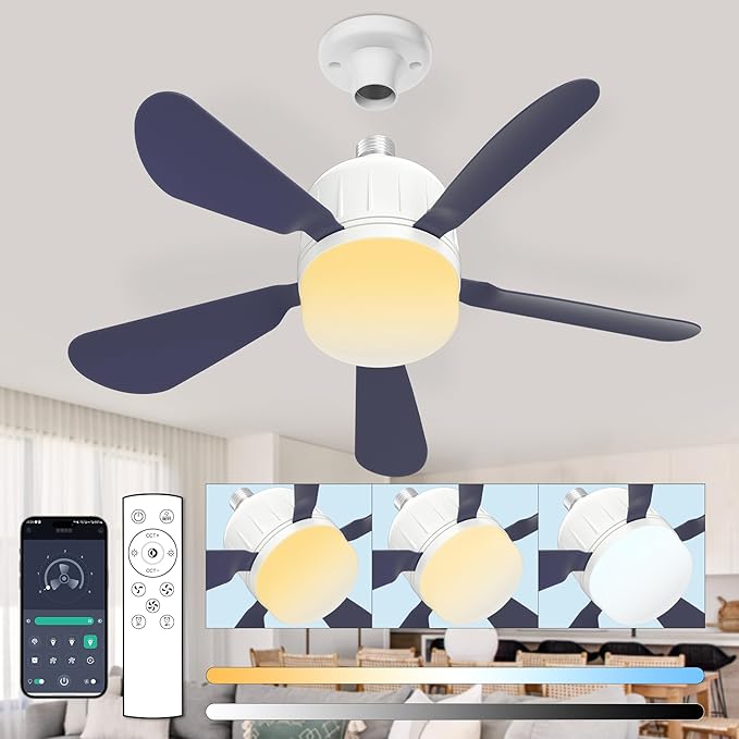 Socket Ceiling Fan Light with Remote: Ceiling Fans with Lights APP Control 3-Speeds 18in Screw in Light Socket Dimmable LED Silent E26/E27 Bulb Socket Small Fans for Bedroom Kitchen Bathroom Garage