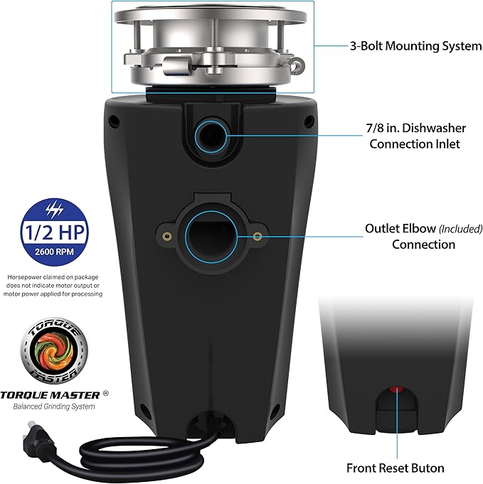 TITAN 10-US-TN-560-3B Torque Garbage Disposal System with Stainless Steel Impellers & Griding Components, Black (1/2 HP | Economy)