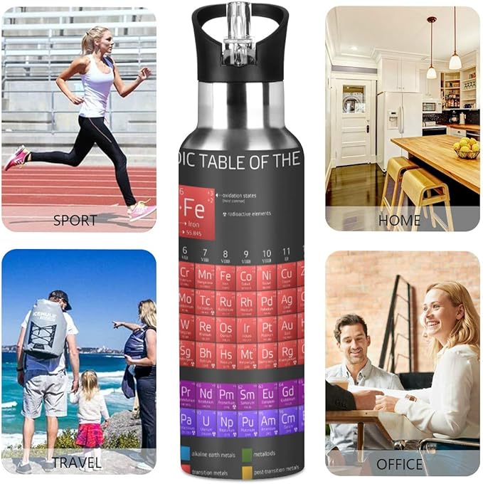 Periodic Table Water Bottle with Straw Lid for Fitness Gym Camping Outdoor Sports, Wide Mouth Vacuum Insulated 18/8 Stainless Steel, 22 oz