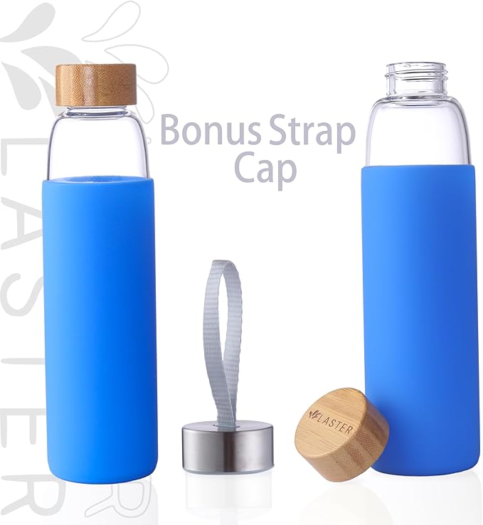 Laster Glass Water Bottle 20 Oz, 600 ml, made of Borosilicate Glass, 1 Bamboo & 1 Stainless Steel Lid, BPA Free, Non-Slip Silicone Sleeve (Ocean Blue)