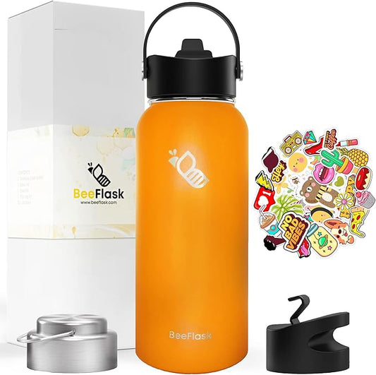 Sports Water Bottle - 32 Oz, 3 Lids (With straw), 50 Cute Stickers, Vacuum Insulated, 308 Stainless Steel, with a Portion of Sales Supporting Bee Conservation Efforts (Orange)