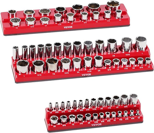 VEVOR Magnetic Socket Organizer Set, 3PCS Magnetic Socket Holder, 1/4'', 3/8'' & 1/2'' SAE Socket Trays with Clear Labels, Hold up to 68PCS Standard & Deep Sockets, Red (Sockets Not Included)
